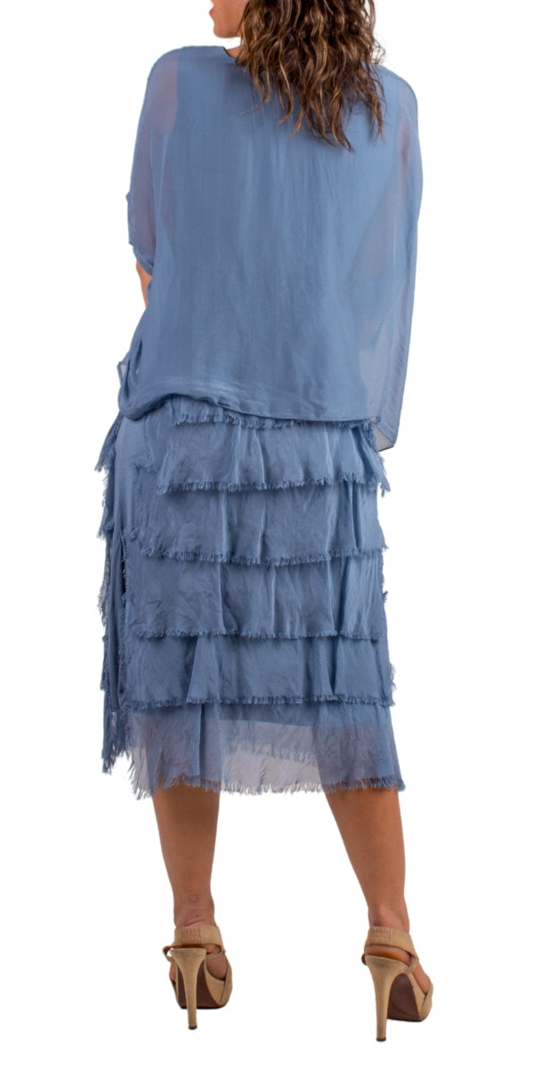 Denim Blue Silk Scoop Neck Maxi Ruffle Dress