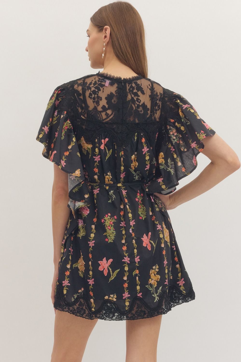 Black Floral Lace Yoke Flutter Sleeve Mini Dress