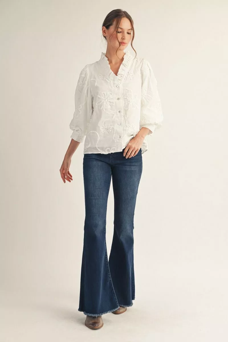 White 3D Floral Ruffle Button Down Top