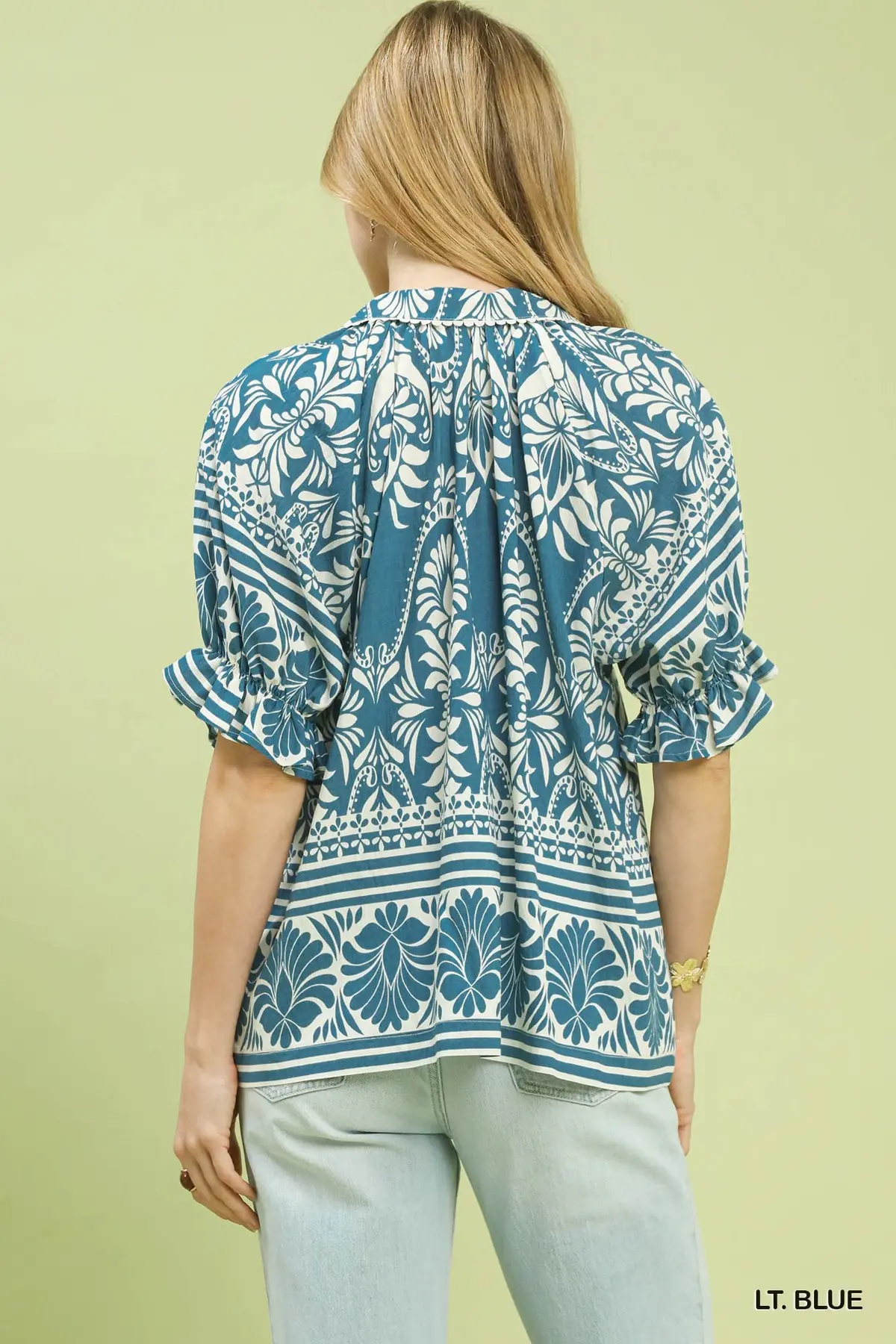 Denim Blue & Cream Lace Trim Puff Sleeve Top