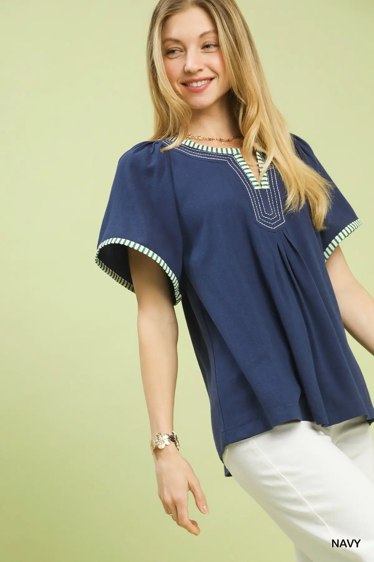 Navy Linen/Cotton Blend Flutter Sleeve Top
