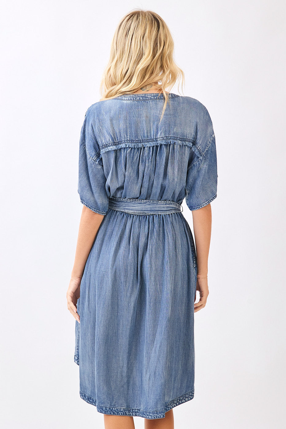 Washed Chambray Waist Tie Midi Shirt Dress