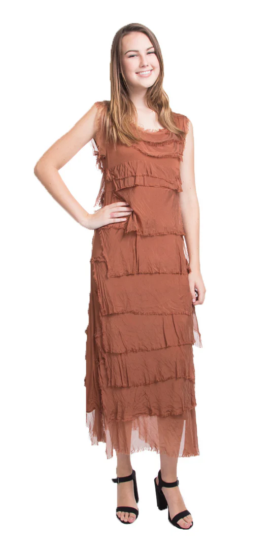 Washable Silk Sleeveless Ankle Length Ruffle Dress