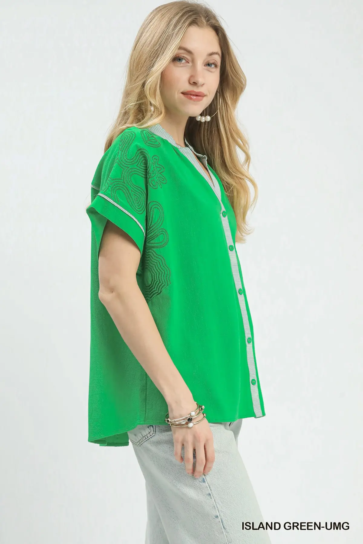 Island Green Embroidered Linen Top