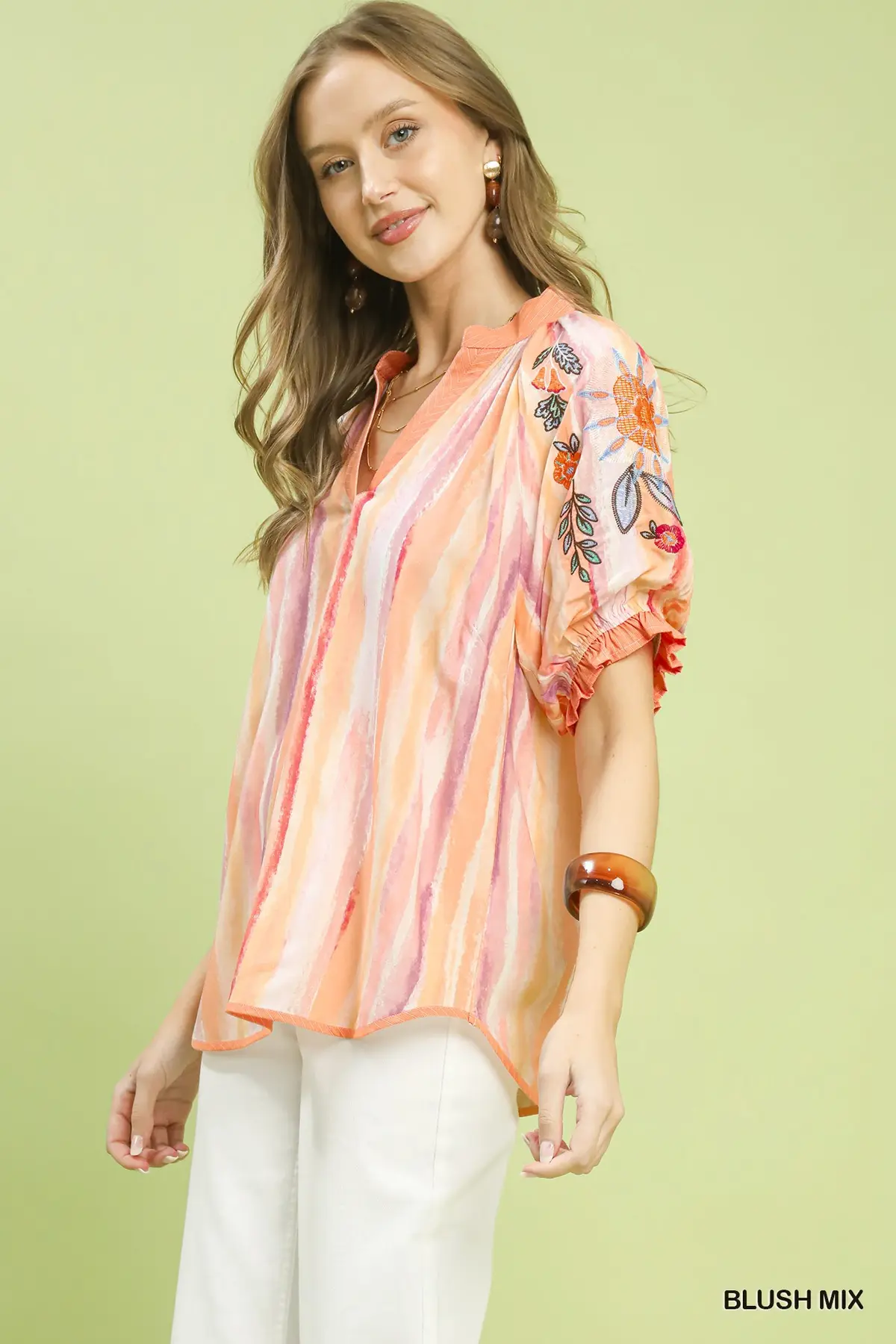 Blush Mix Embroidered Puff Sleeve Striped V-Neck Boho Blouse