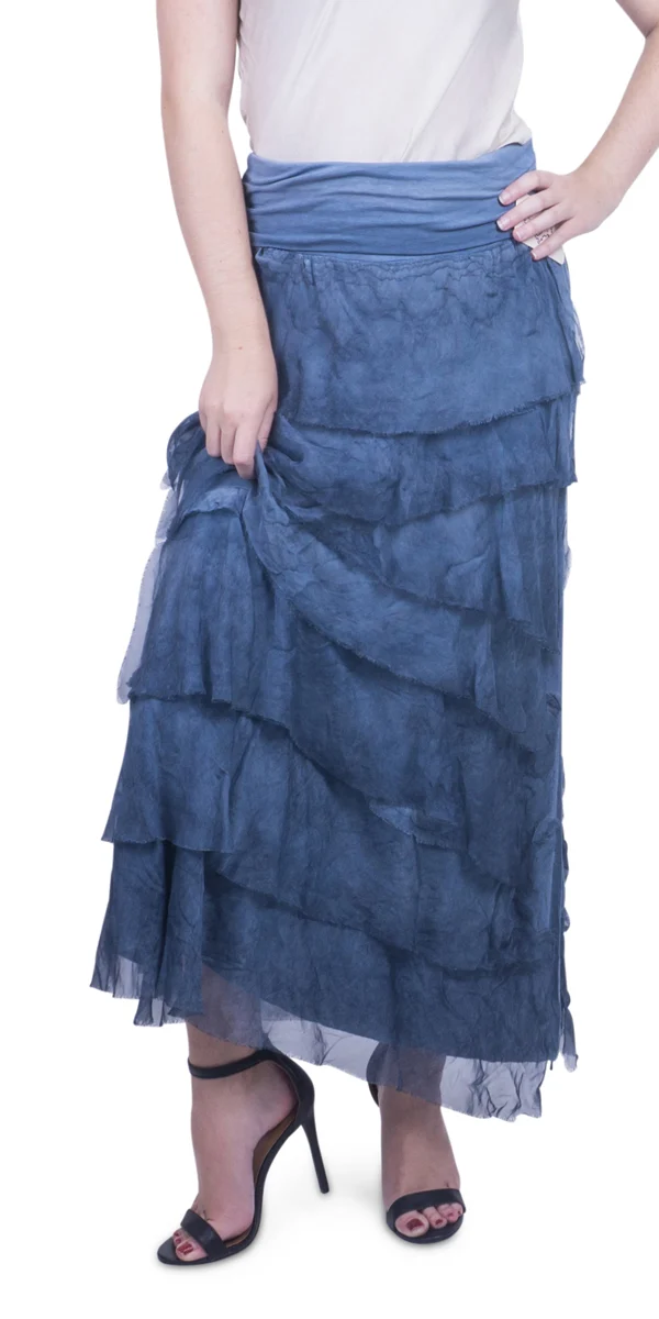 Italian-Made Denim Blue Ruffled Silk Maxi Skirt