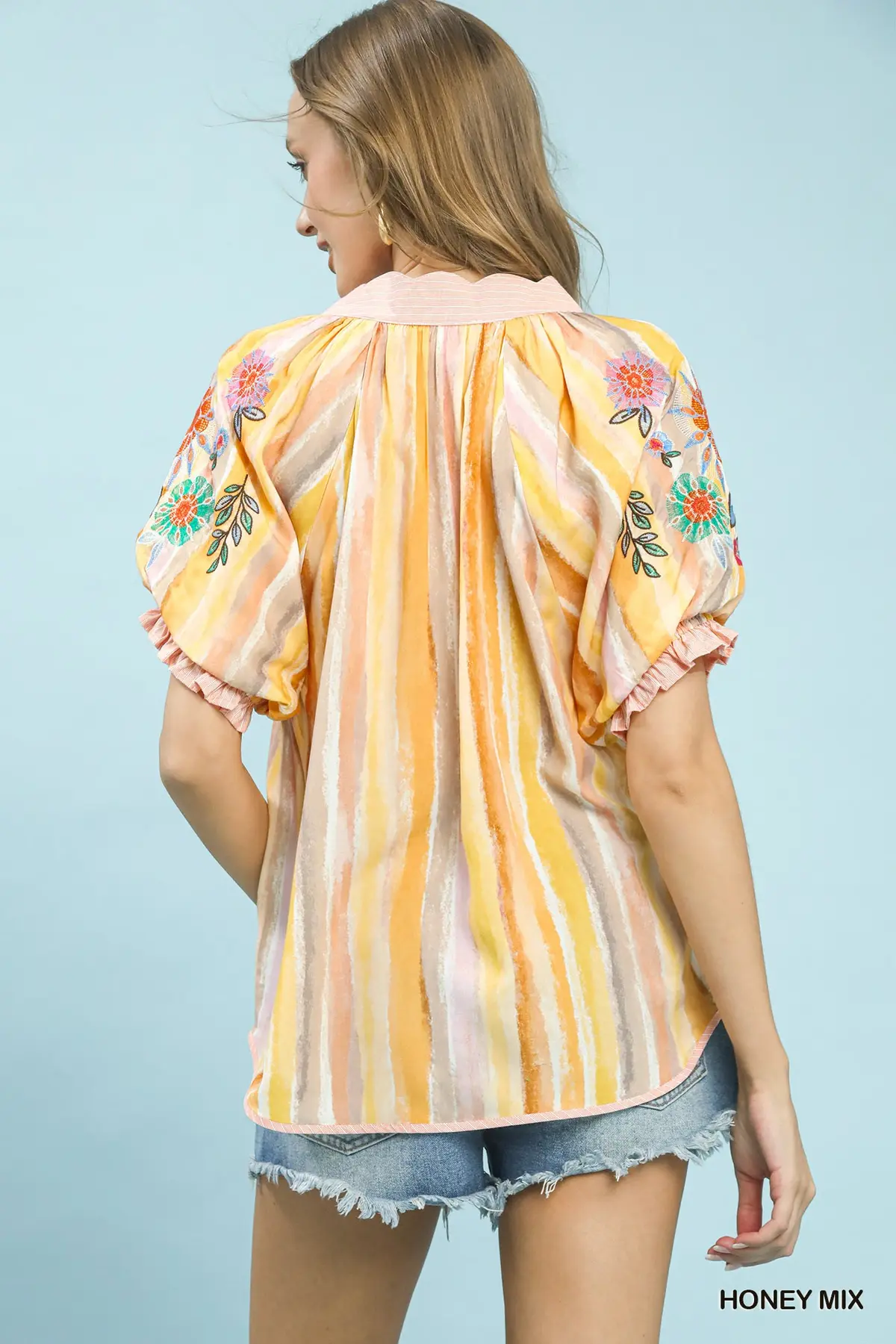Honey Mix Embroidered Puff Sleeve Striped V-Neck Boho Blouse