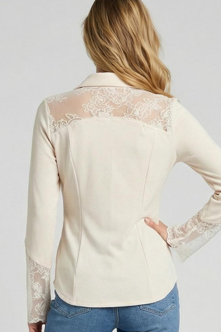 Ivory Lace Yoke Button-Down Blouse