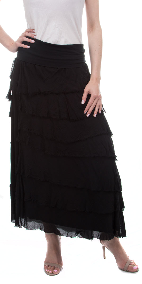 Italian-Made Black Ruffled Silk Maxi Skirt