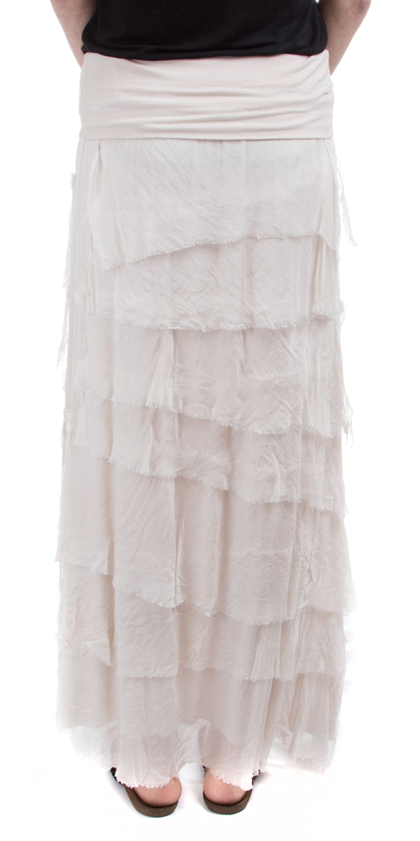 Italian-Made Cream Ruffled Silk Maxi Skirt