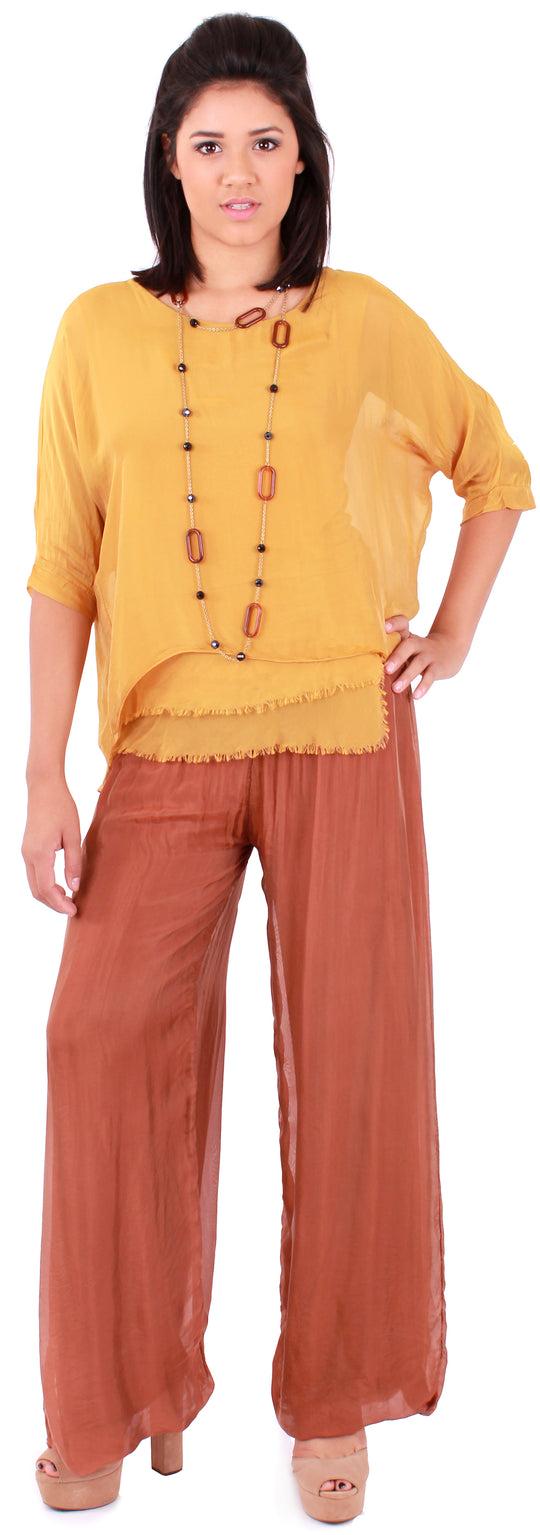 Washable Silk Top w/ Frayed Hem/Mustard