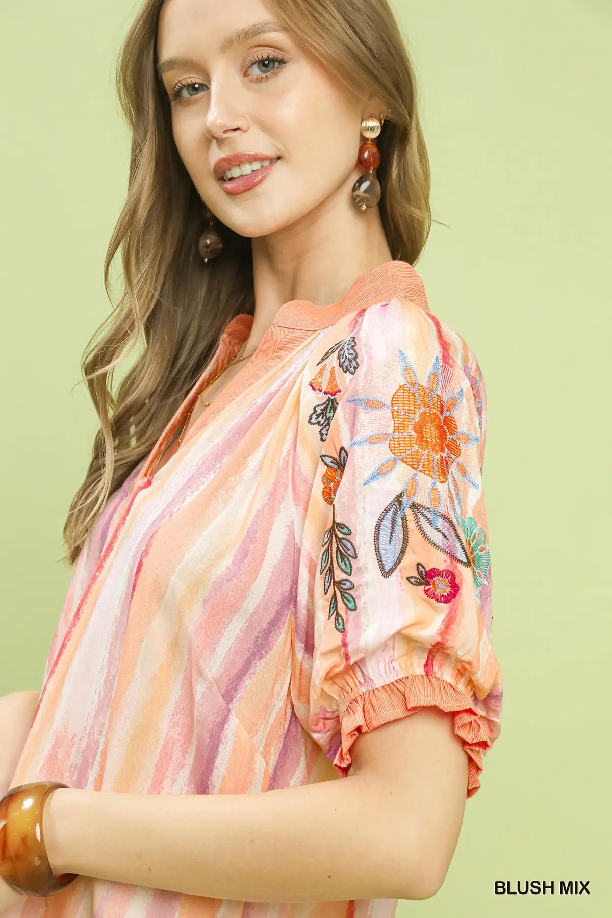 Blush Mix Embroidered Puff Sleeve Striped V-Neck Boho Blouse