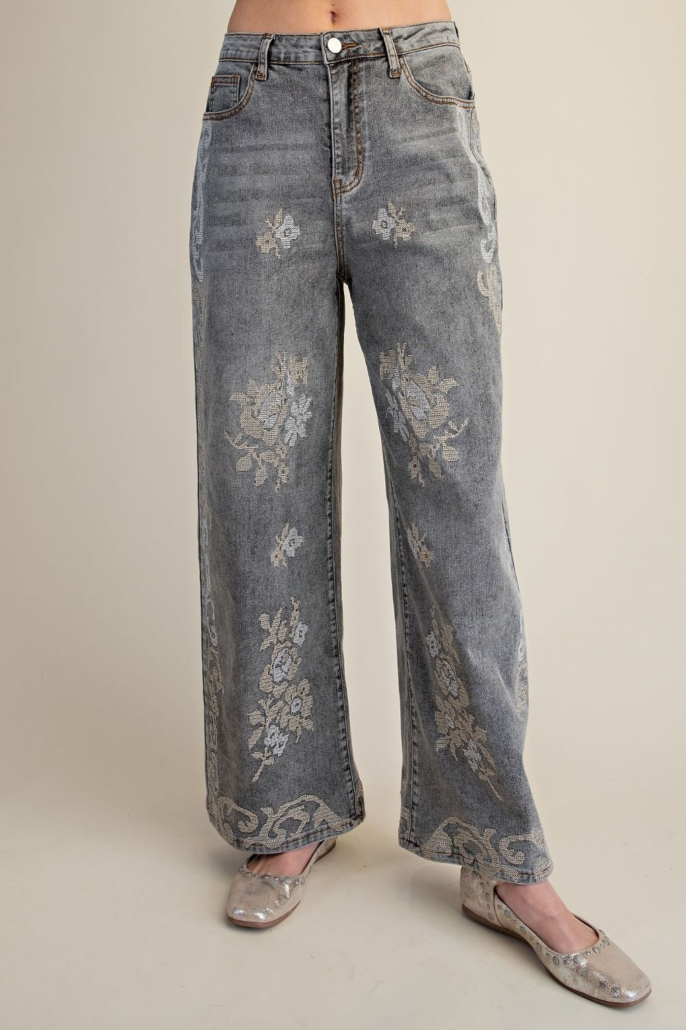 Ash Grey Neutral Floral Embroidered Wide Leg Jeans