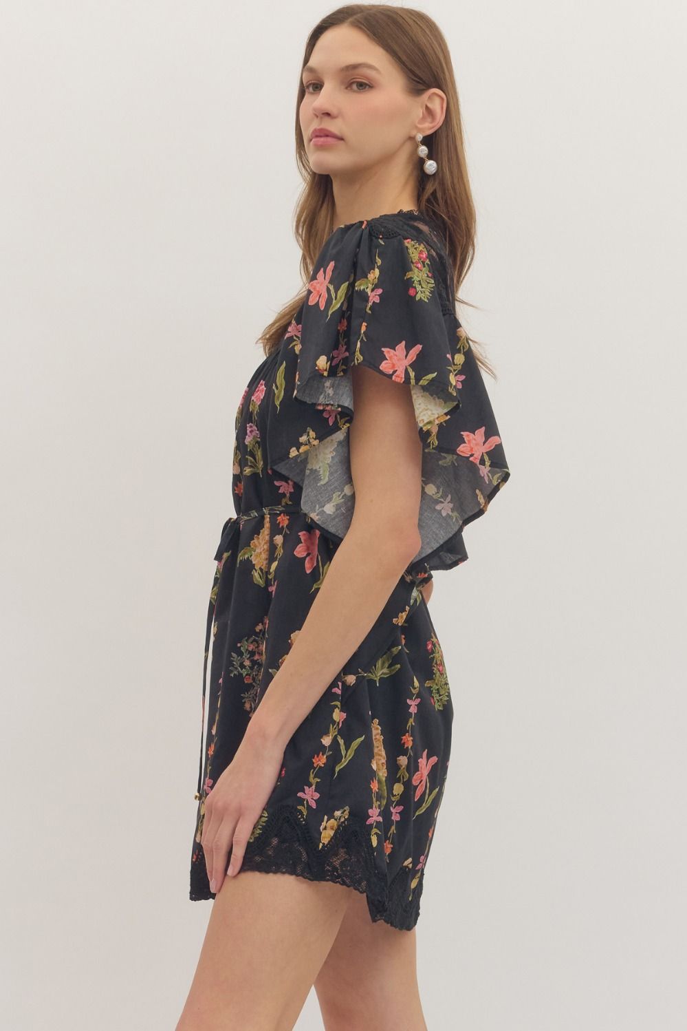 Black Floral Lace Yoke Flutter Sleeve Mini Dress