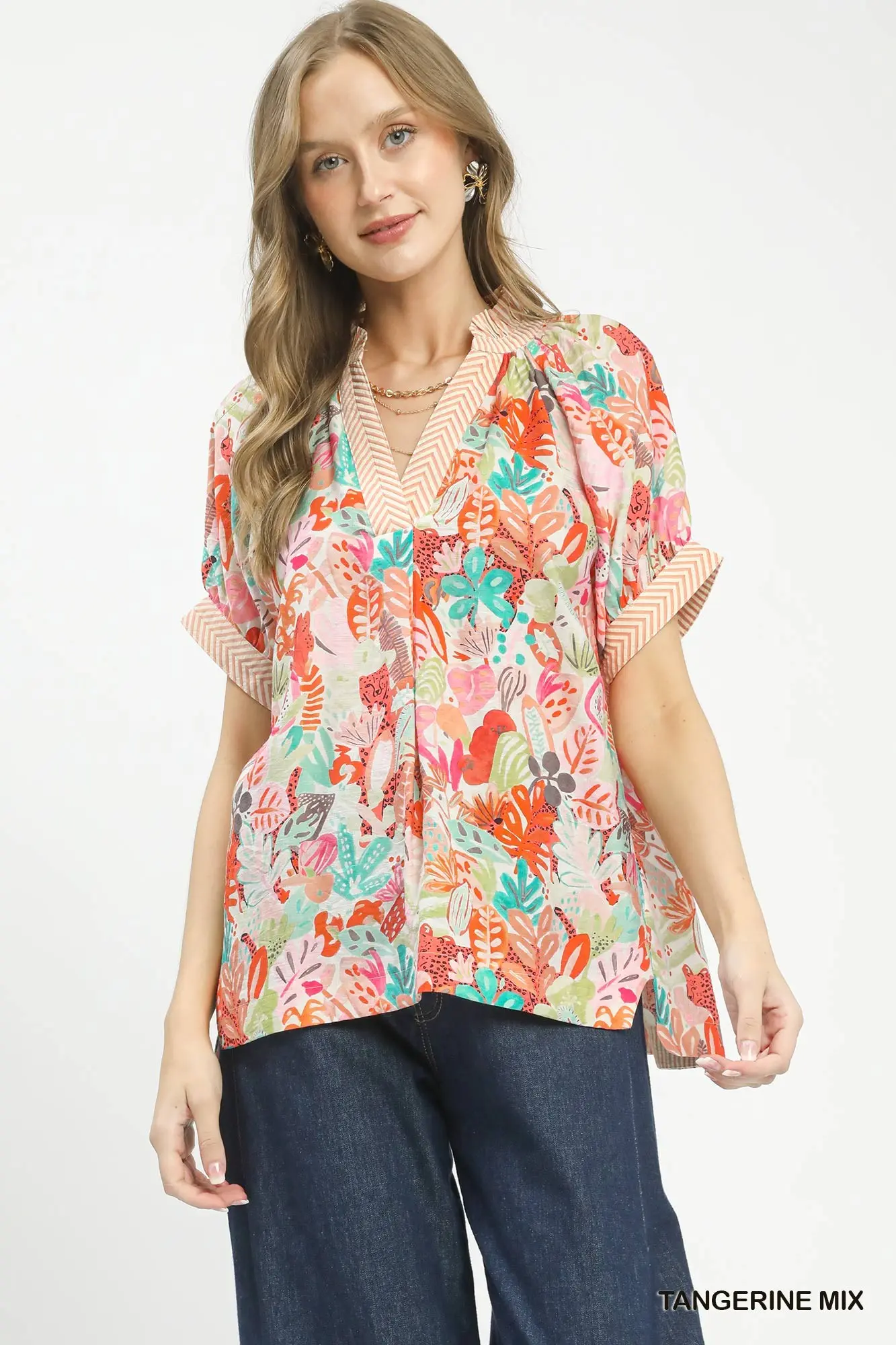 Tangerine Mix Floral Print Short Sleeve Top
