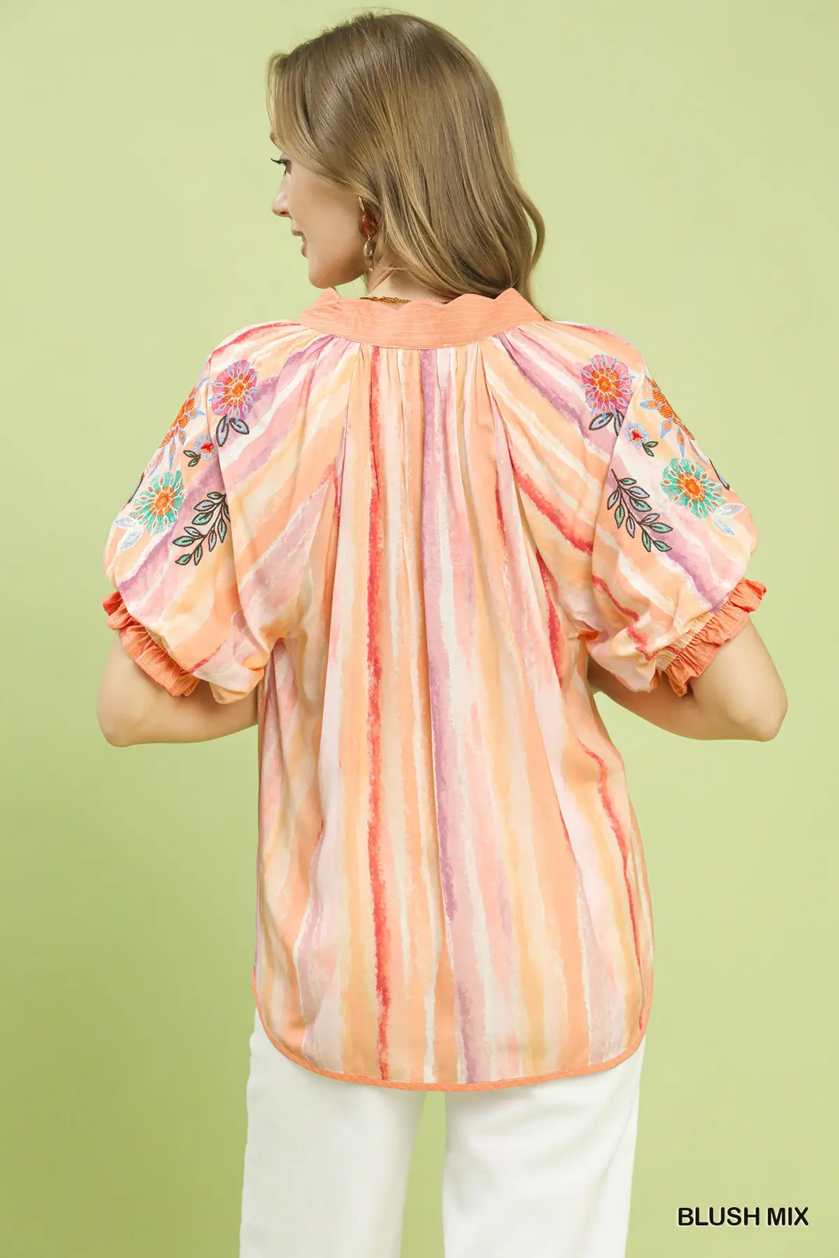 Blush Mix Embroidered Puff Sleeve Striped V-Neck Boho Blouse
