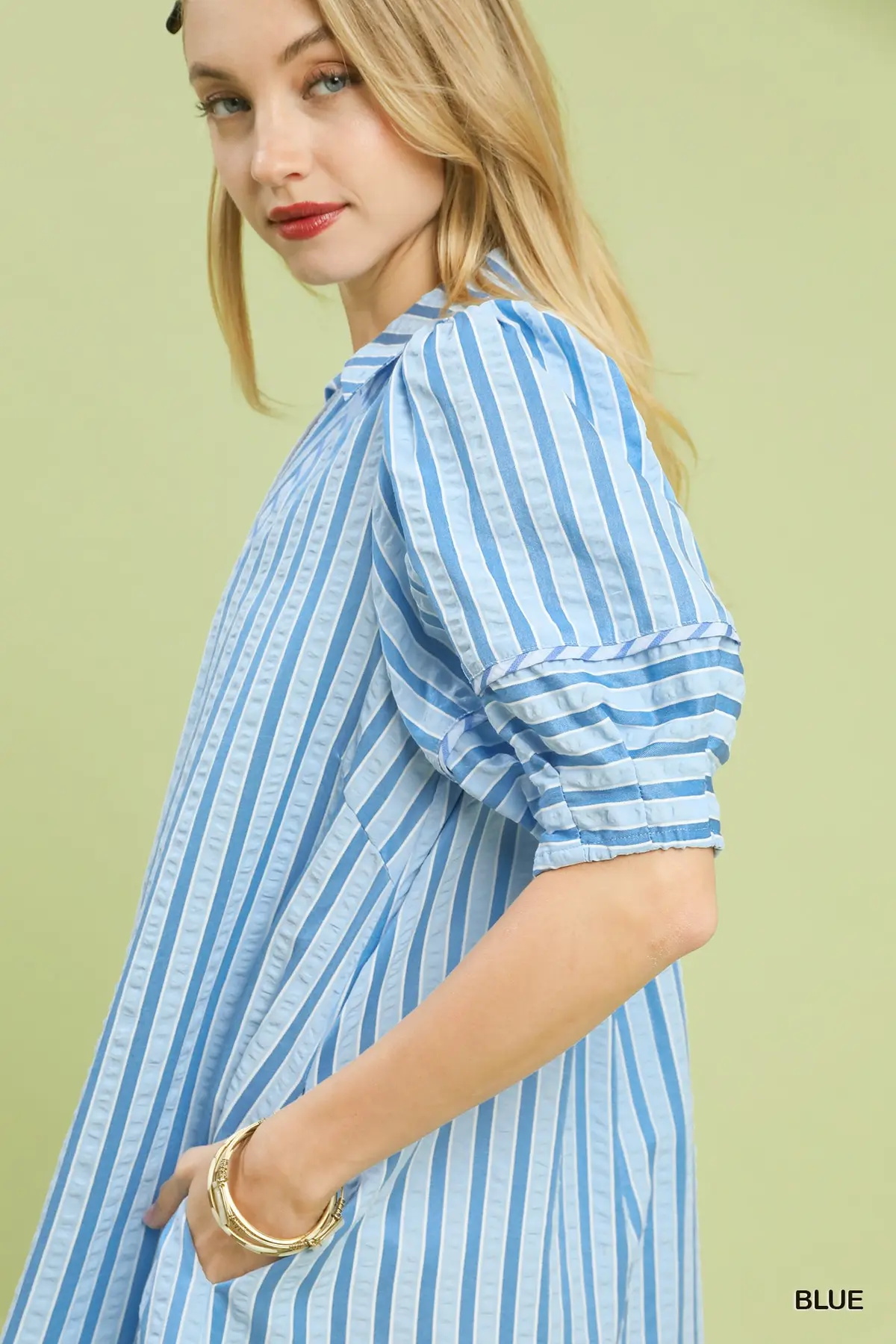 Blue Striped Puff Sleeve Midi Dress