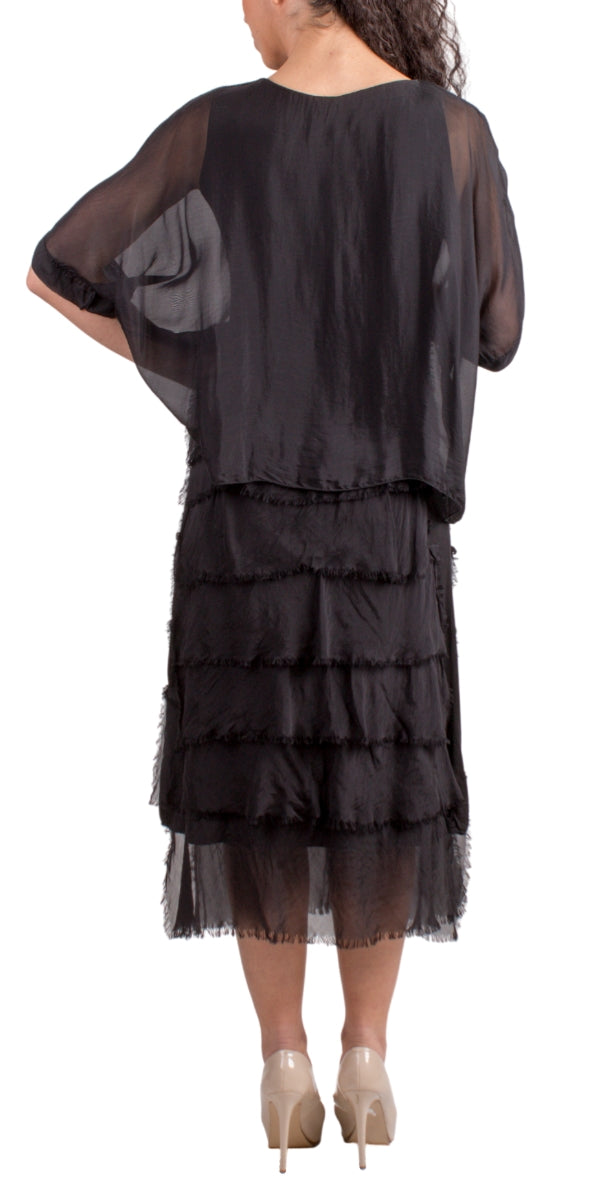 Black Silk Scoop Neck Maxi Ruffle Dress