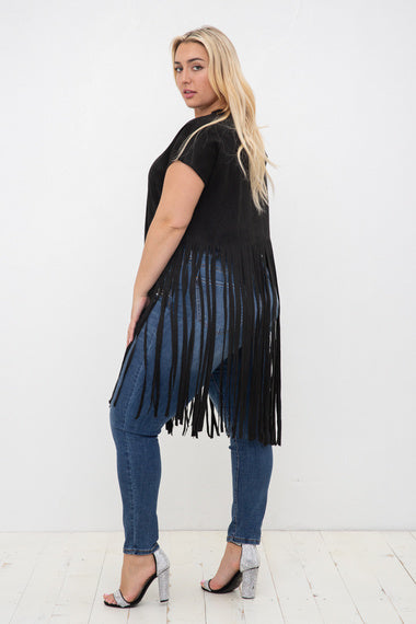 Black Faux Suede Short Sleeve Fringed Top