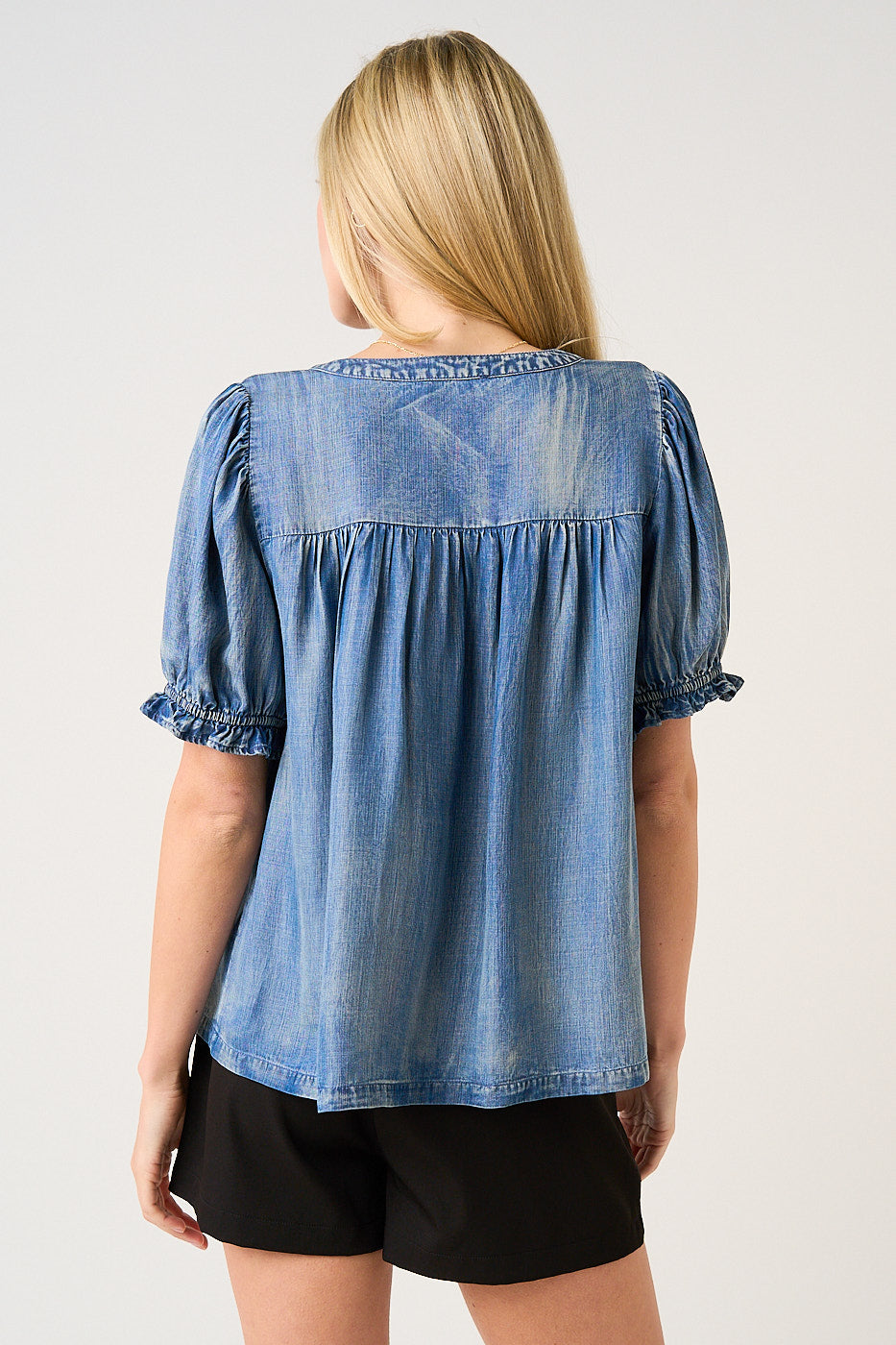 Washed Tencel Chambray Ruffle Puff Sleeve Top