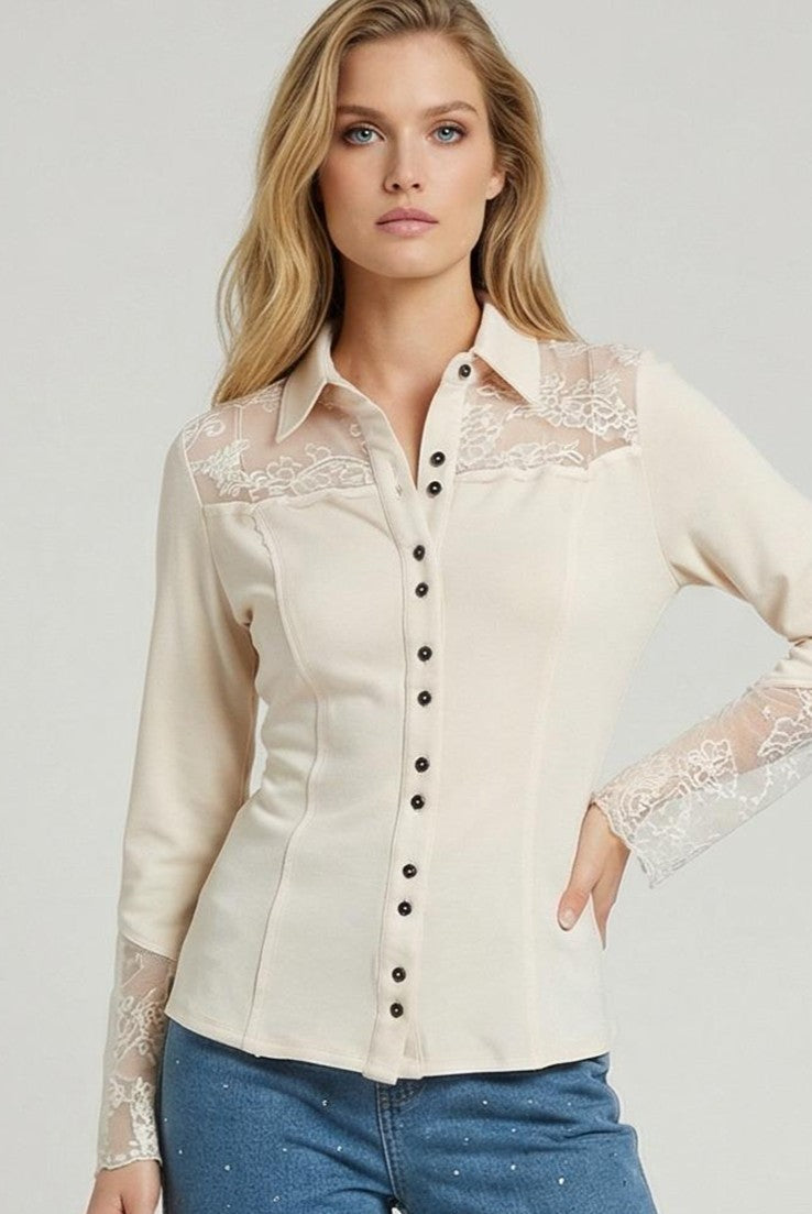 Ivory Lace Yoke Button-Down Blouse