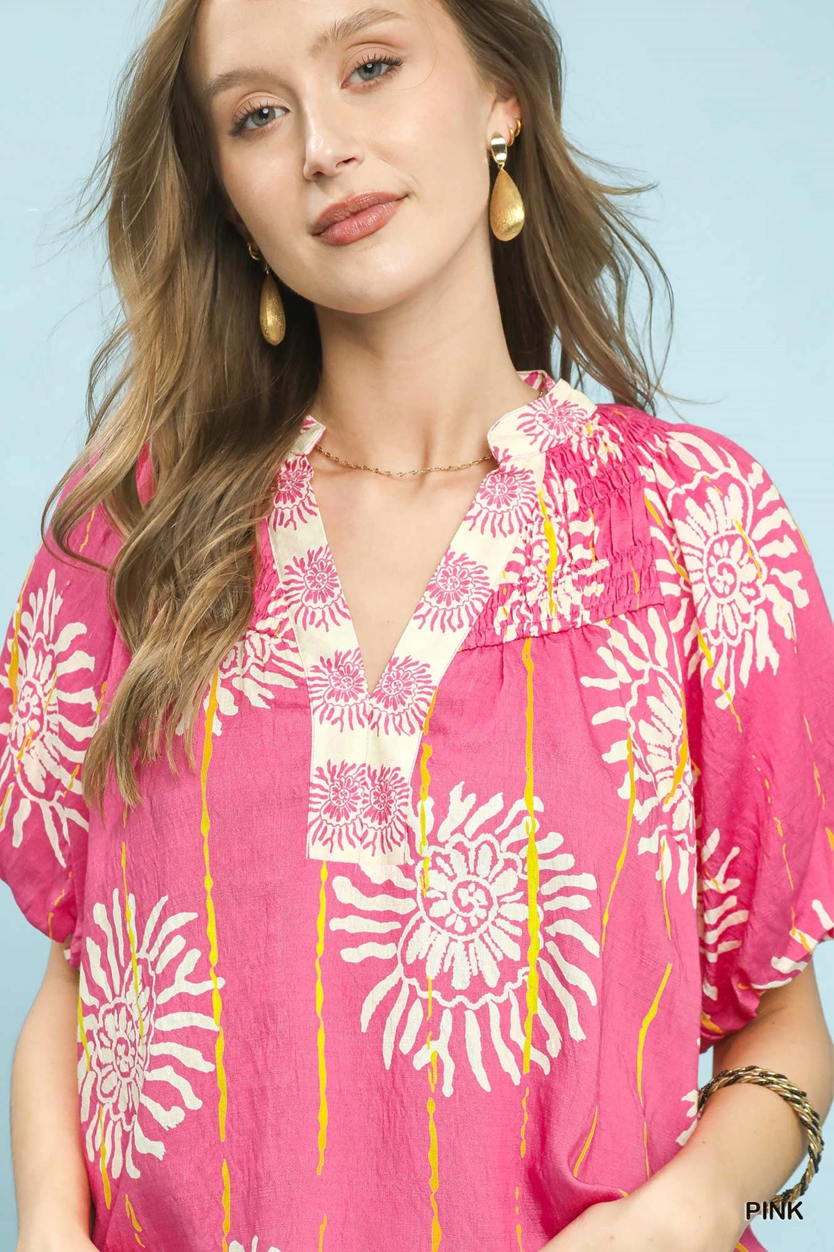 Bright Pink  Floral Smocked V-Neck Blouse