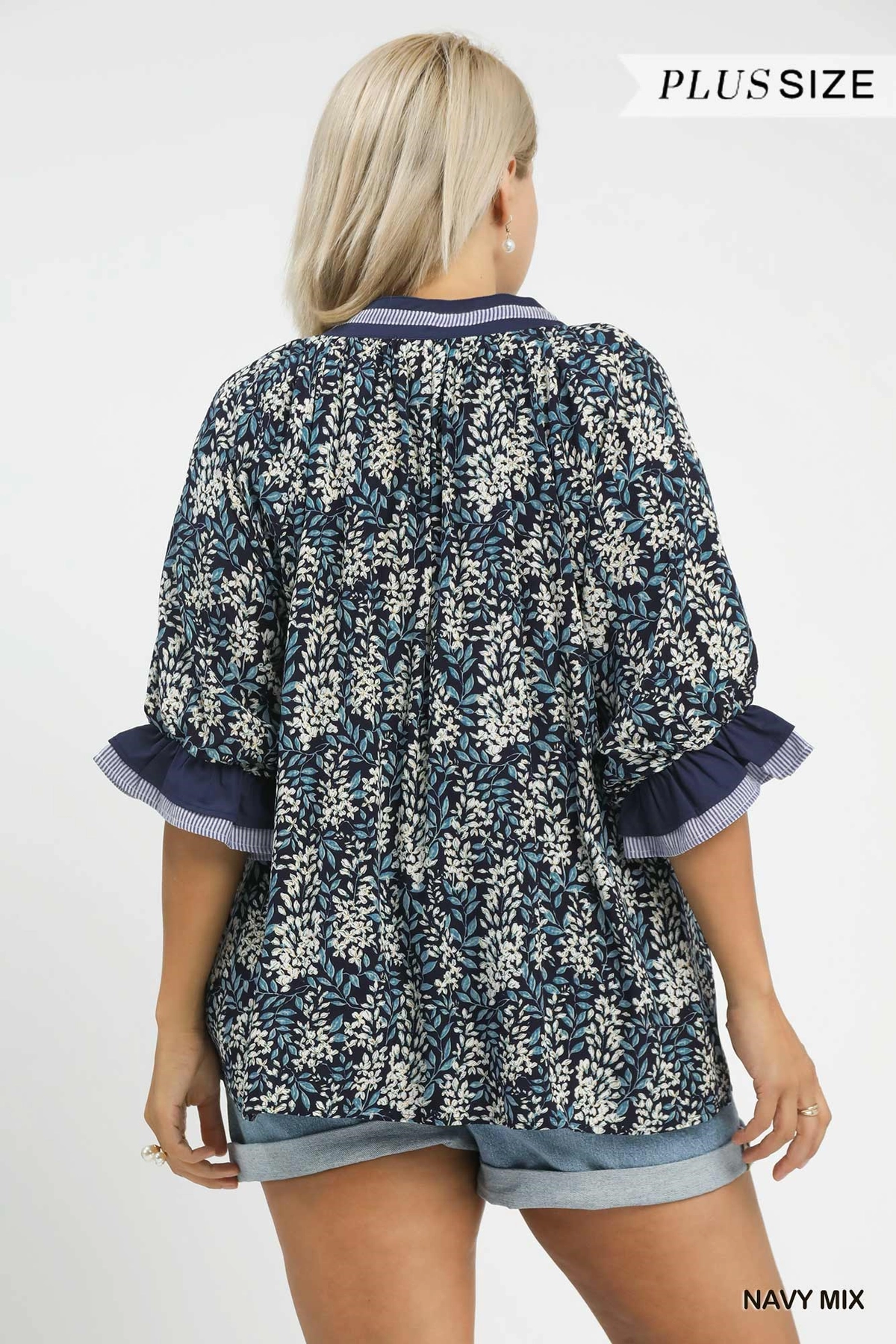 Navy Print V-Neck Top