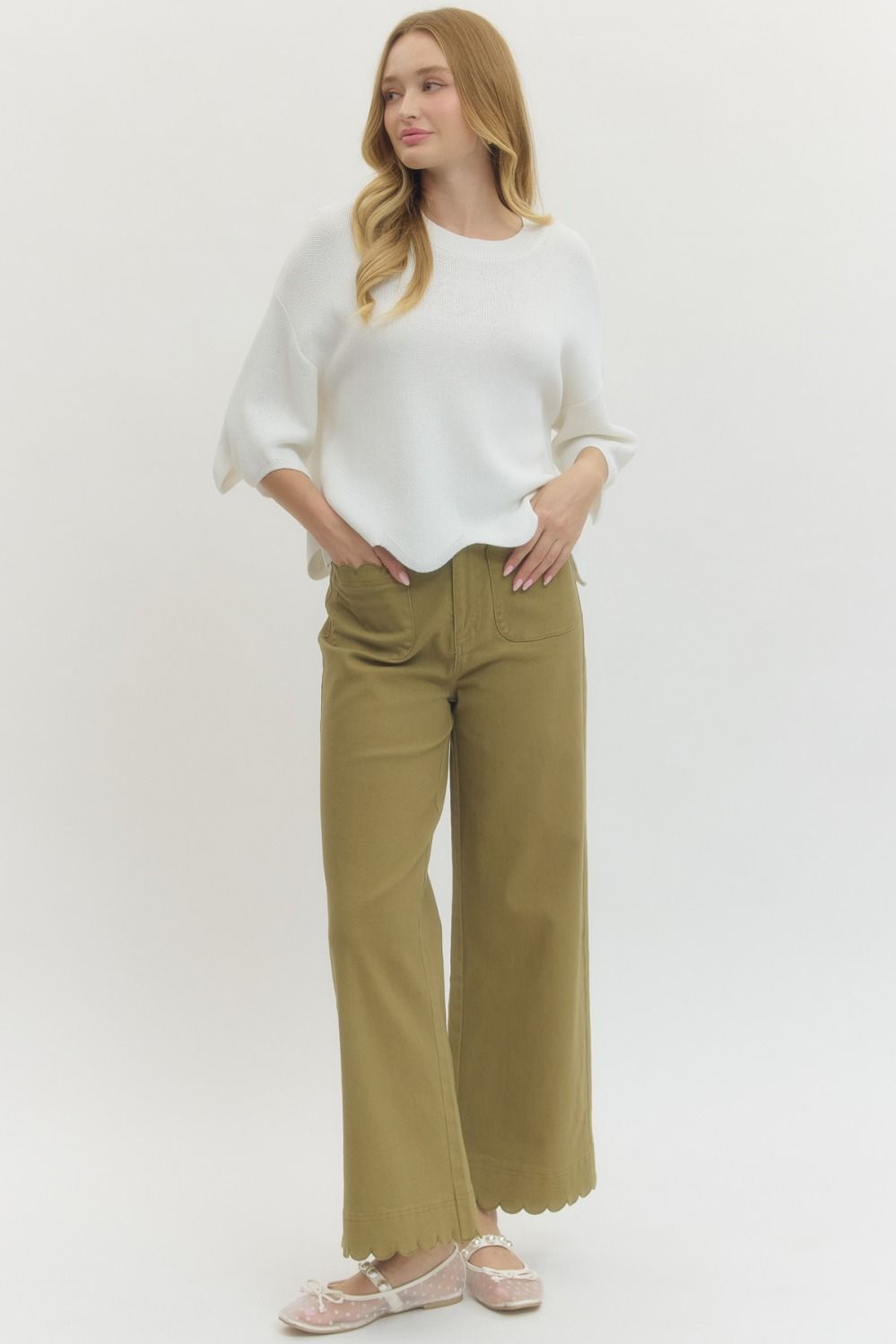 Light Olive Scallop Trim Wide Leg Pants