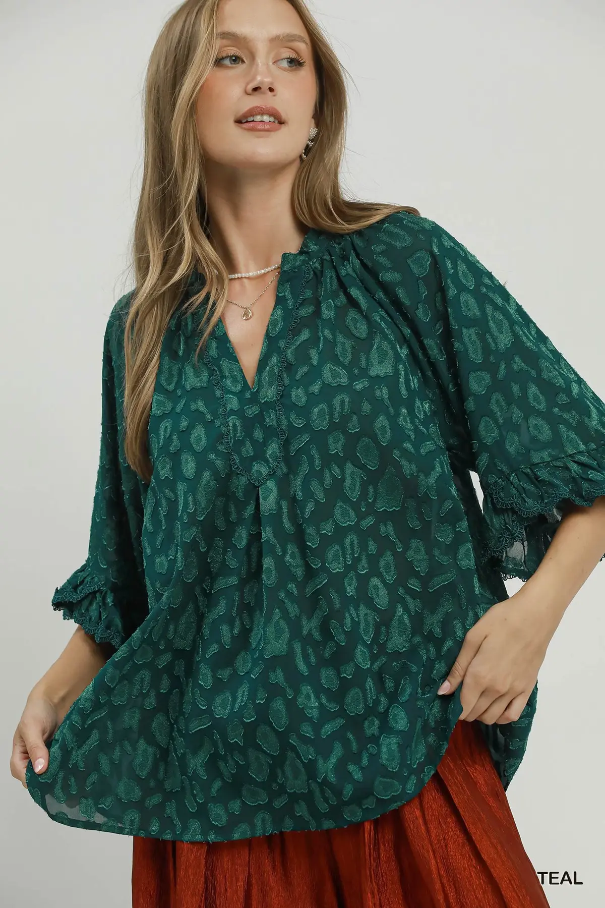 Teal Velvet Animal Print Blouse