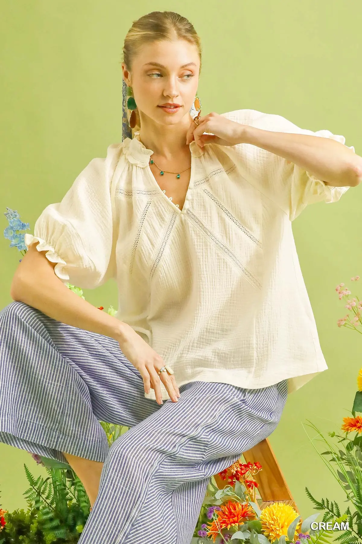 Cream Cotton Gauze Ruffle Top
