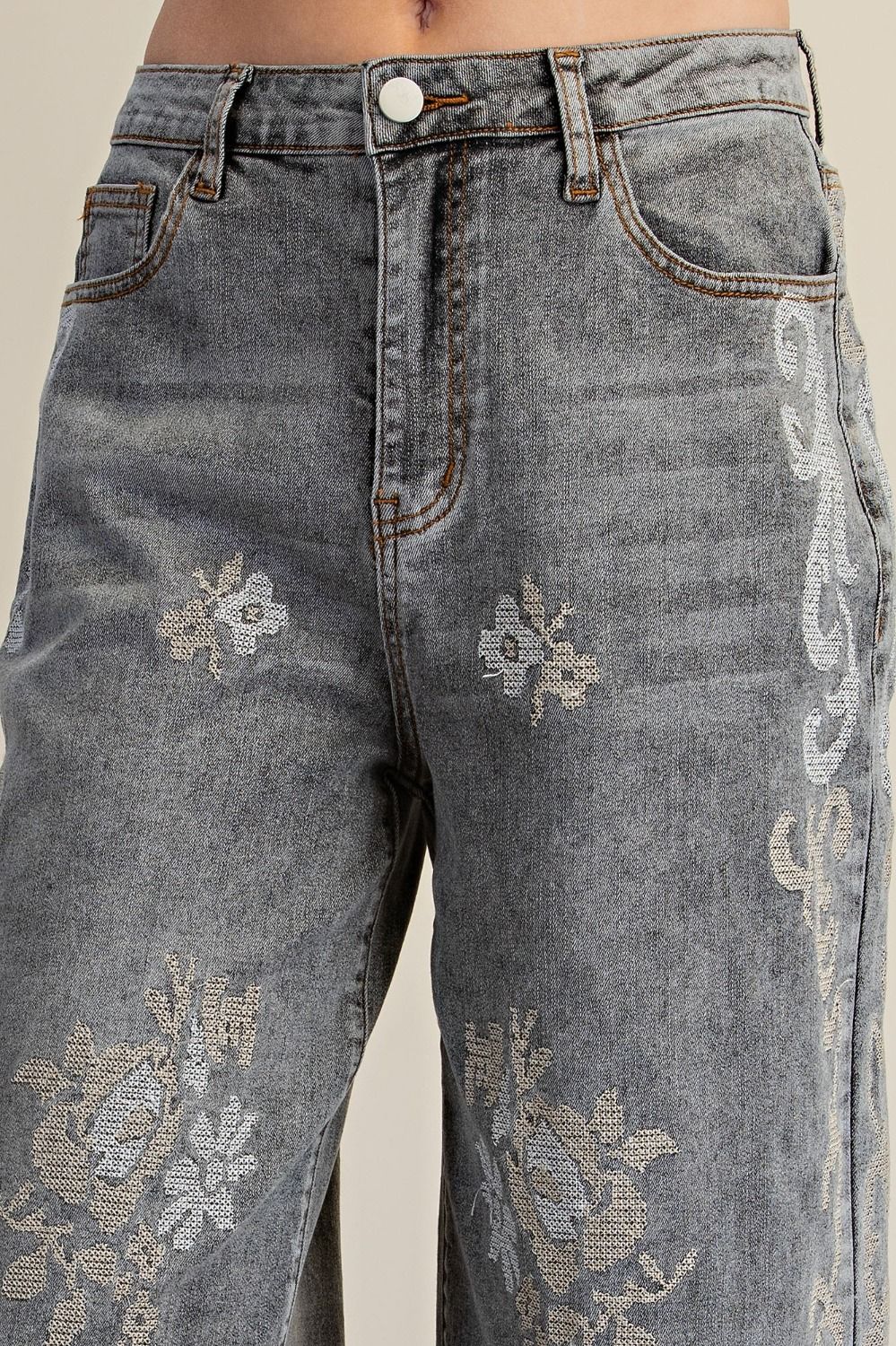 Ash Grey Neutral Floral Embroidered Wide Leg Jeans