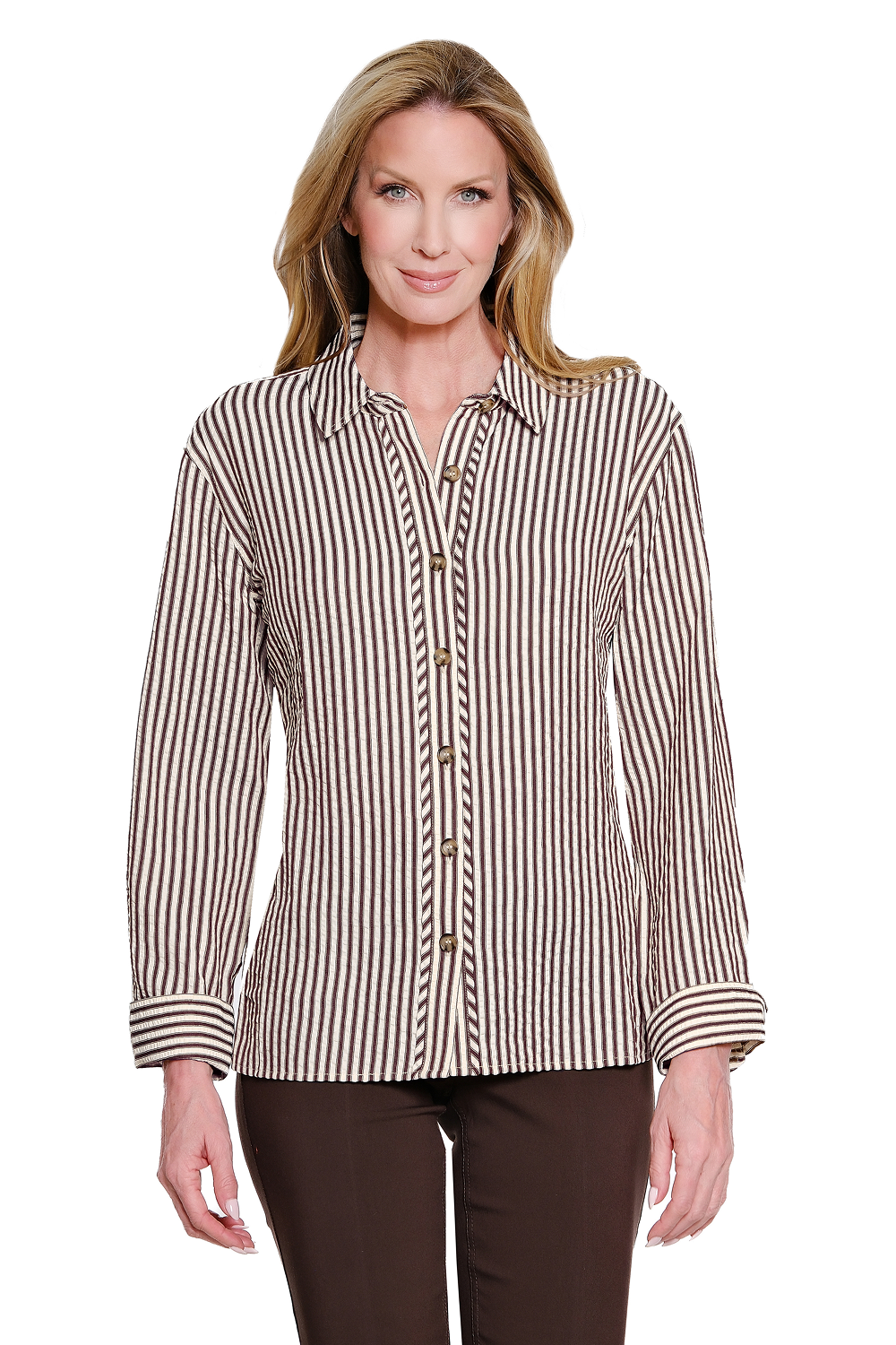 Chocolate Brown Stripe Woven Long Sleeve Top by Multiples