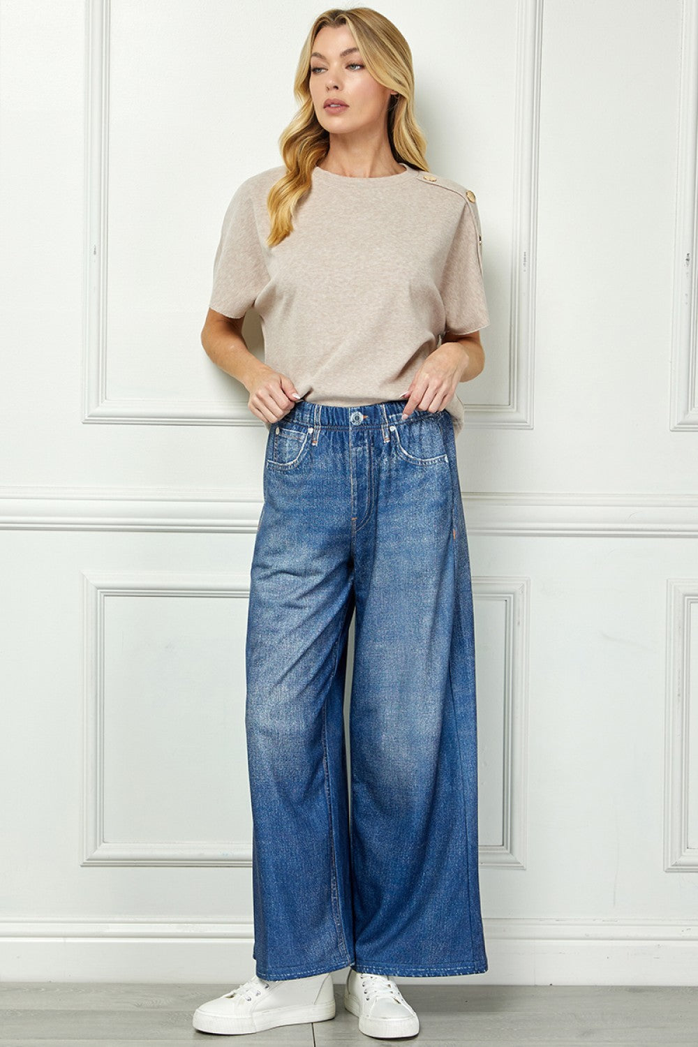Denim Look Soft Pull On Wide Leg Pants
