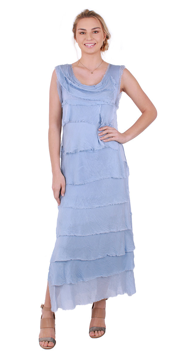 Denim Blue Silk Ankle Length Ruffle Dress